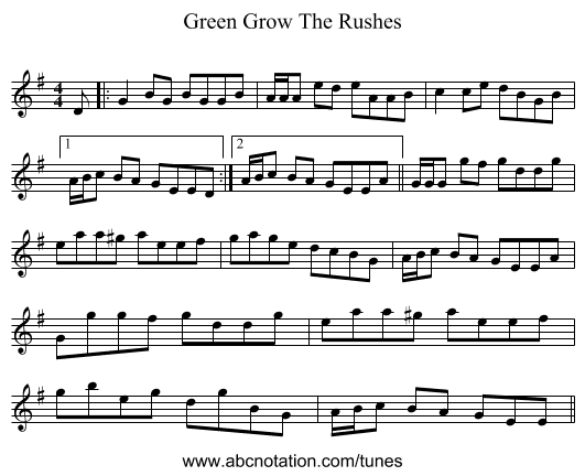Green Grow The Rushes - staff notation