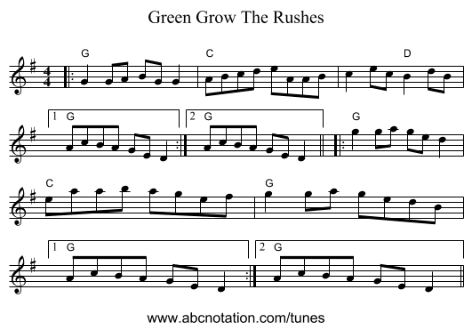 Green Grow The Rushes - staff notation