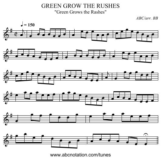 GREEN GROW THE RUSHES - staff notation