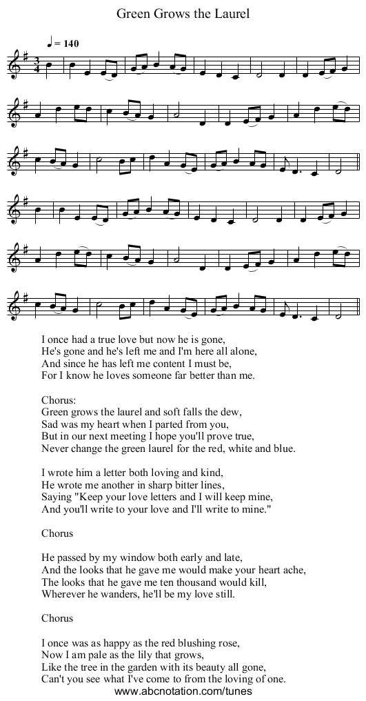 Green Grows the Laurel - staff notation