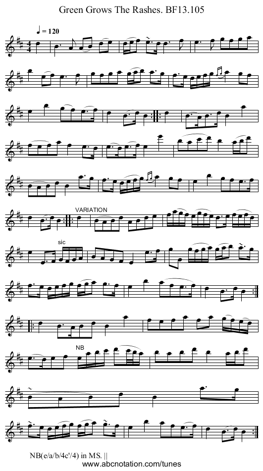 Green Grows The Rashes. BF13.105 - staff notation