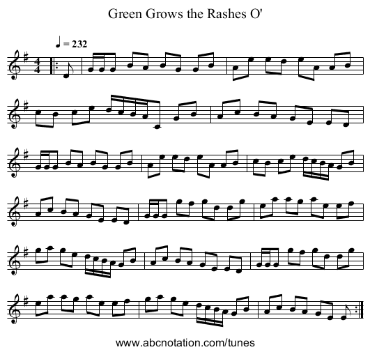Green Grows the Rashes O' - staff notation