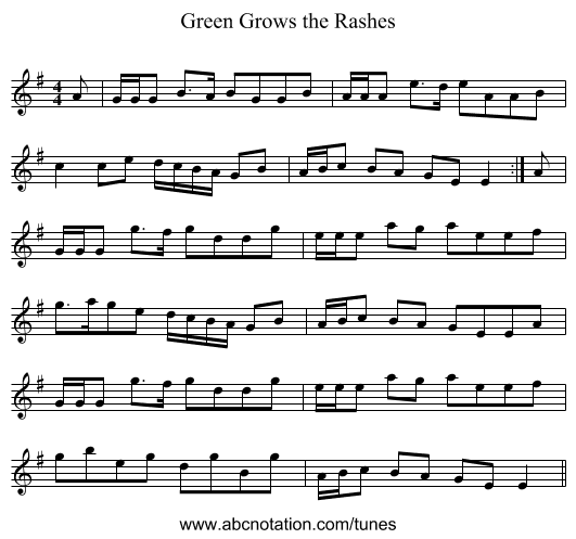 Green Grows the Rashes - staff notation