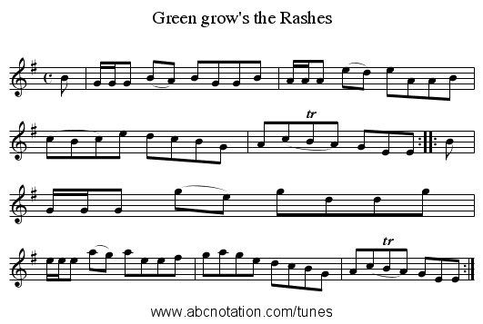 Green grow's the Rashes - staff notation