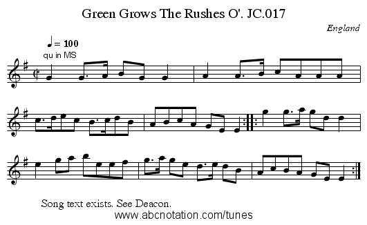 Green Grows The Rushes O'. JC.017 - staff notation