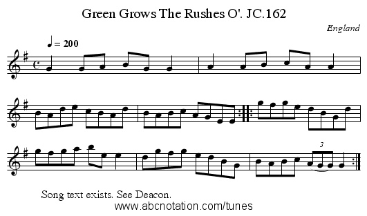 Green Grows The Rushes O'. JC.162 - staff notation