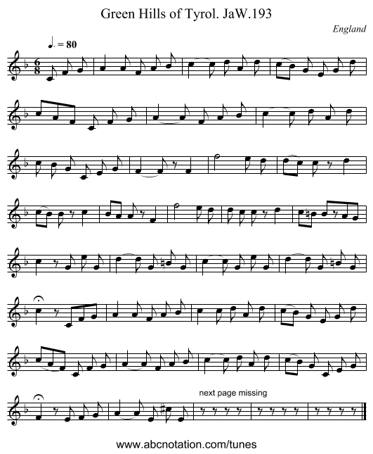 Green Hills of Tyrol. JaW.193 - staff notation