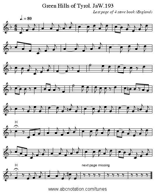 Green Hills of Tyrol. JaW.193 - staff notation