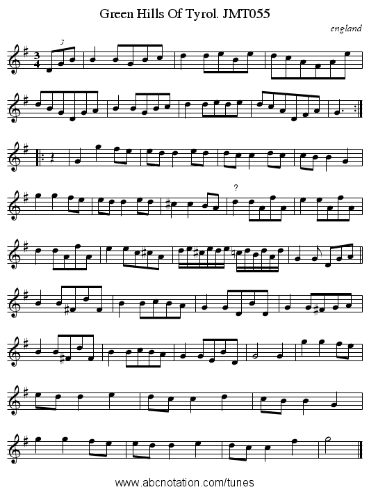 Green Hills Of Tyrol. JMT055 - staff notation