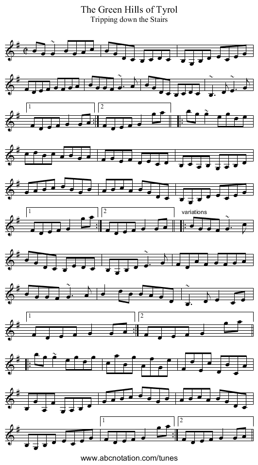 Green Hills of Tyrol, The - staff notation