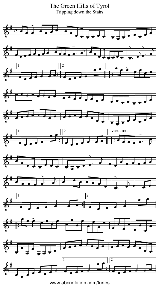Green Hills of Tyrol, The - staff notation