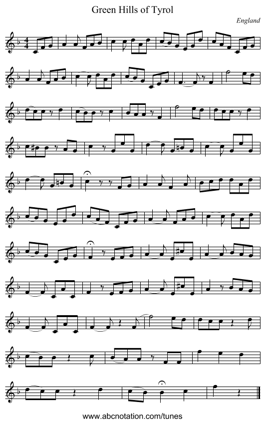 Green Hills of Tyrol - staff notation