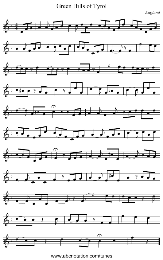 Green Hills of Tyrol - staff notation