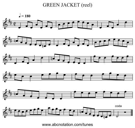 GREEN JACKET (reel) - staff notation