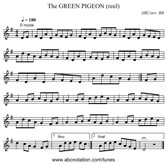 GREEN PIGEON (reel), The - staff notation