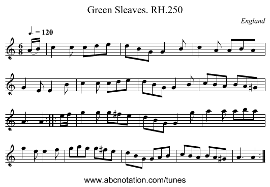 Green Sleaves. RH.250 - staff notation