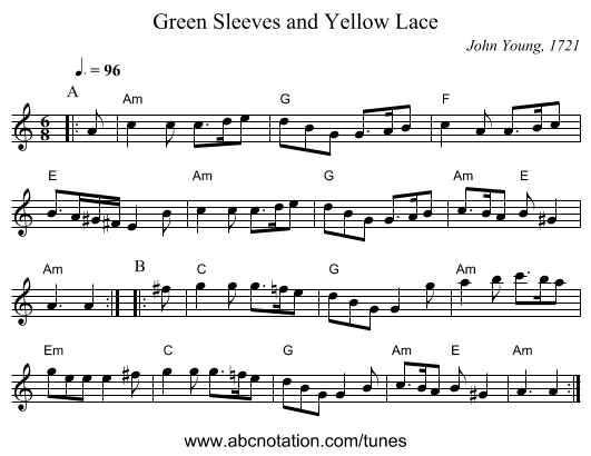 Green Sleeves and Yellow Lace - staff notation