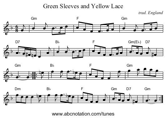 Green Sleeves and Yellow Lace - staff notation