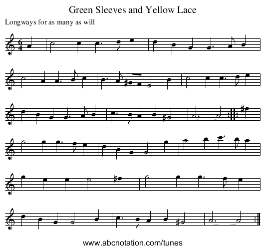 Green Sleeves and Yellow Lace - staff notation