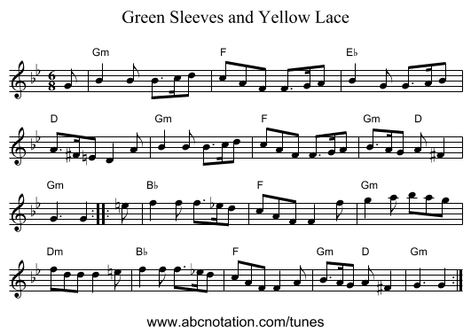 Green Sleeves and Yellow Lace - staff notation