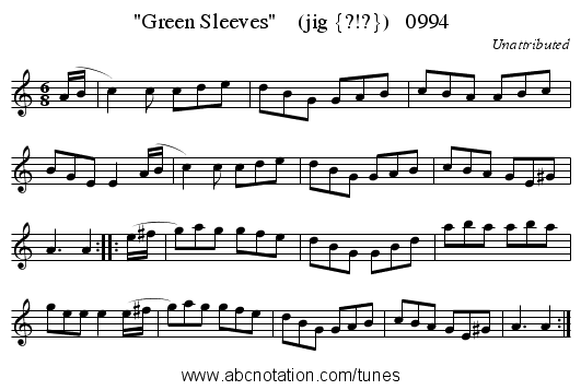 Green Sleeves    (jig {?!?})   0994 - staff notation