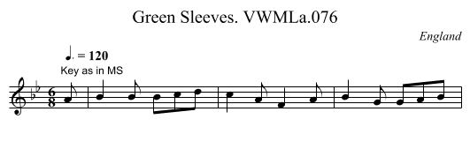 Green Sleeves. VWMLa.076 - staff notation
