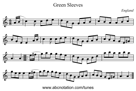 Green Sleeves - staff notation