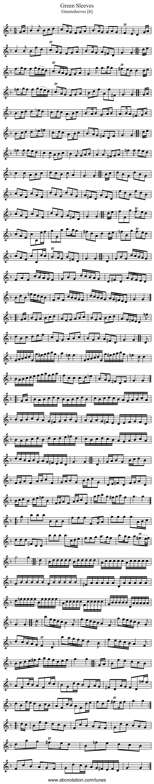 Green Sleeves - staff notation