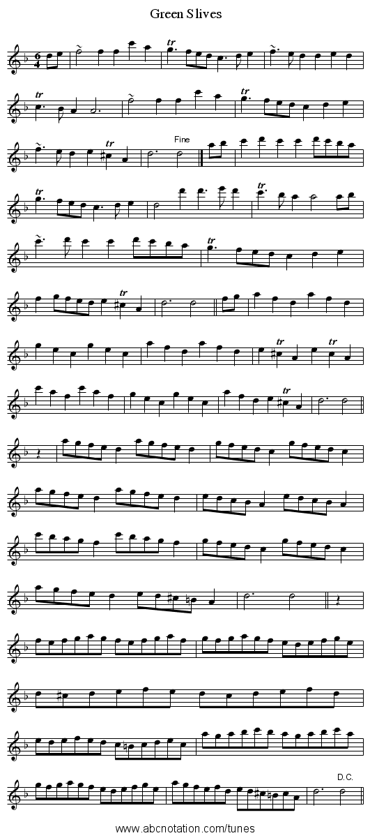 Green Slives - staff notation