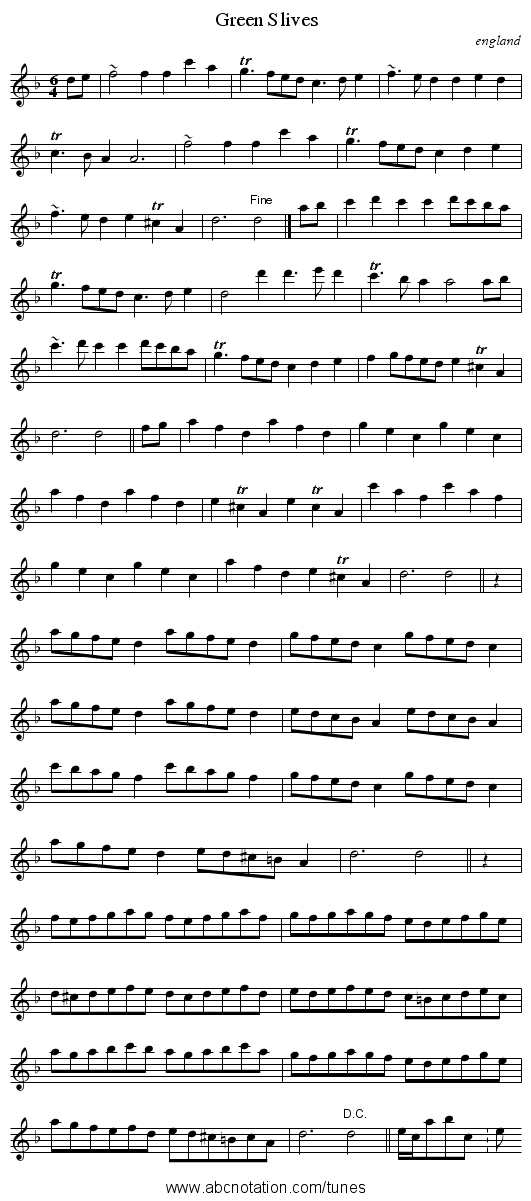 Green Slives - staff notation