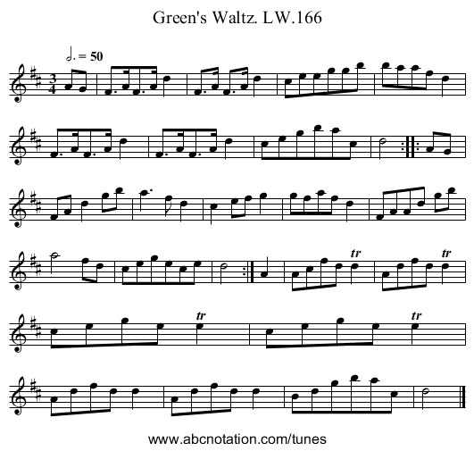 Green's Waltz. LW.166 - staff notation