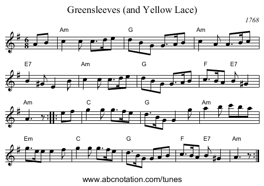 Greensleeves (and Yellow Lace) - staff notation