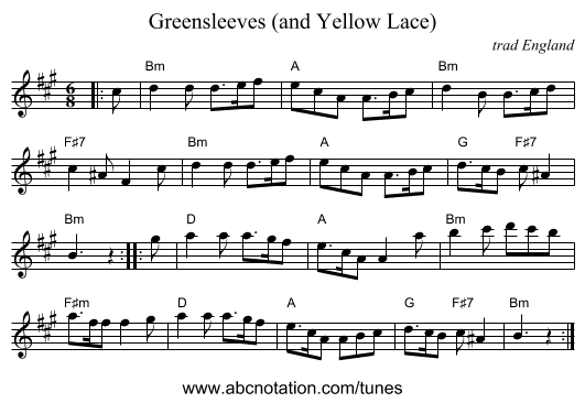 Greensleeves (and Yellow Lace) - staff notation