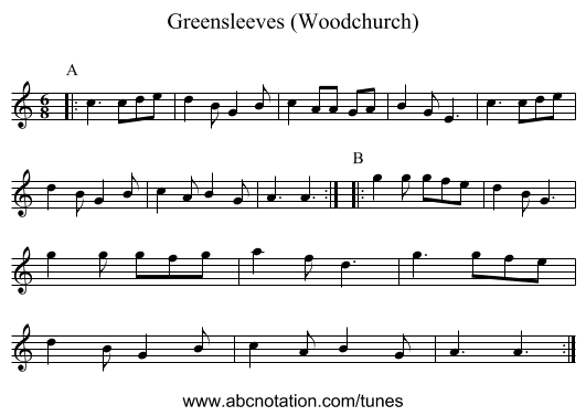 Greensleeves (Woodchurch) - staff notation