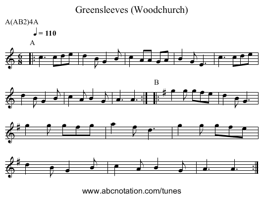 Greensleeves (Woodchurch) - staff notation