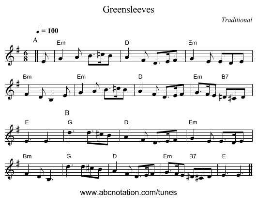 Greensleeves - staff notation