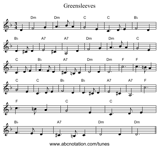 Greensleeves - staff notation