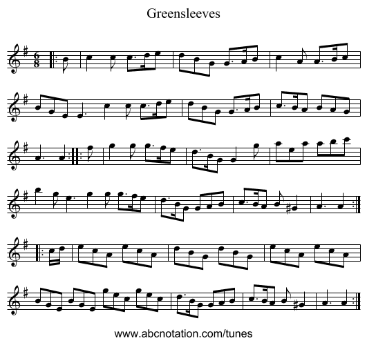 Greensleeves - staff notation