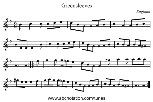 Greensleeves - staff notation