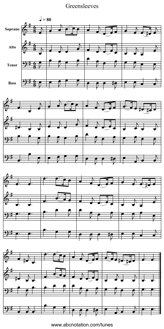 Greensleeves - staff notation