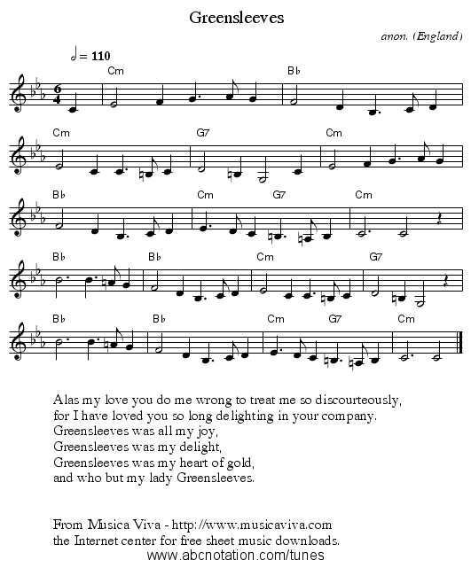 Greensleeves - staff notation