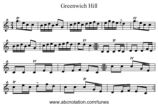 Greenwich Hill - staff notation