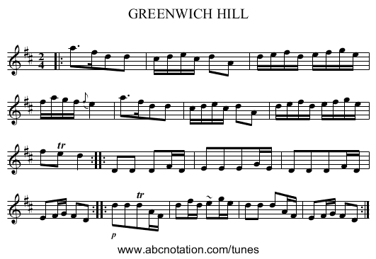 GREENWICH HILL - staff notation
