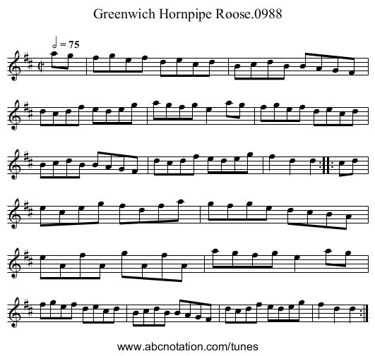 Greenwich Hornpipe Roose.0988 - staff notation