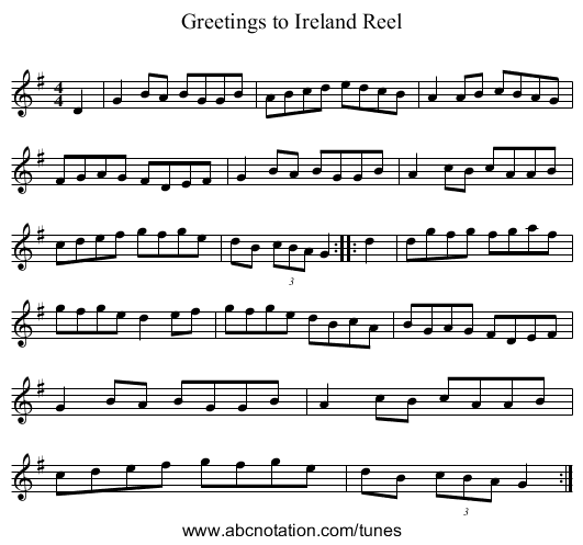 Greetings to Ireland Reel - staff notation