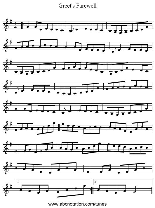 Greet's Farewell - staff notation