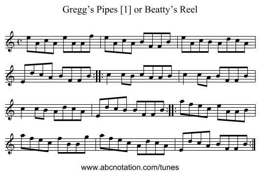 Gregg’s Pipes [1] or Beatty’s Reel - staff notation