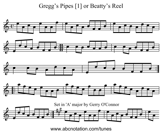 Gregg’s Pipes [1] or Beatty’s Reel - staff notation