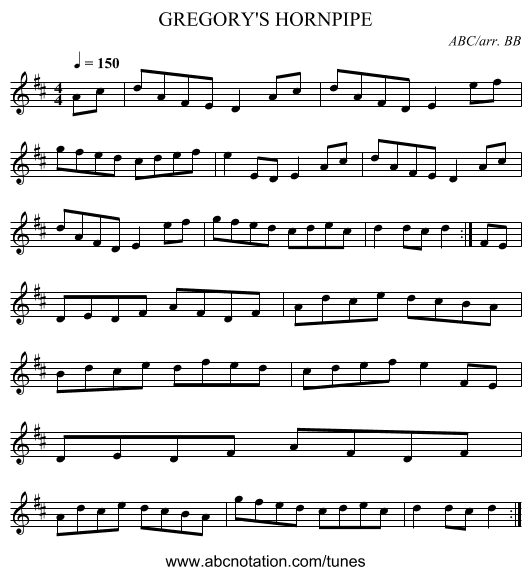 GREGORY'S HORNPIPE - staff notation