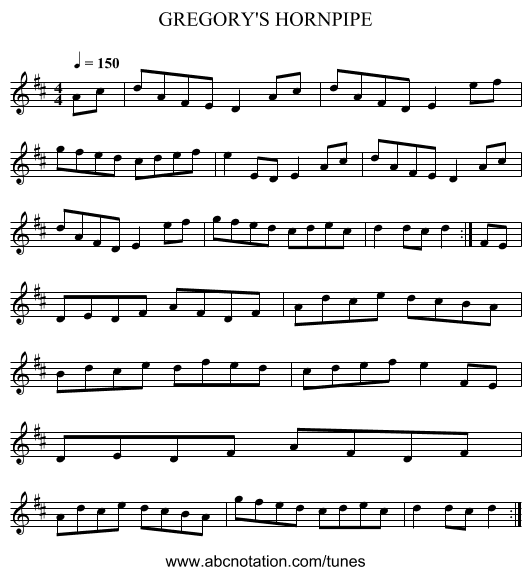 GREGORY'S HORNPIPE - staff notation